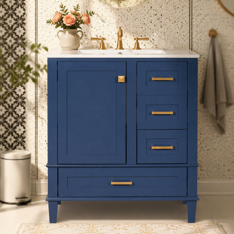 Ensemble de meuble-lavabo moderne avec lavabo 30 po, meuble-lavabo moderne avec porte à fermeture douce et 3 tiroirs, structure en bois massif