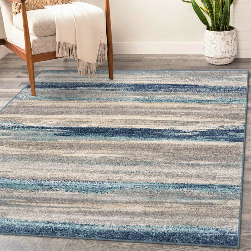 Abstract Blue/Beige/Gray Area Rug, Rectangle 5' x 7'