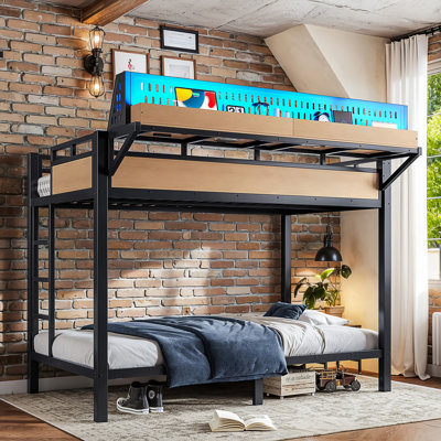 Twin XL over Twin XL Size Metal Bunk Bed with Storage Shelves and Pegboard, Bunk Bed Frame with USB Ports and LED Lights, Space-Saving, for Teens and Adults