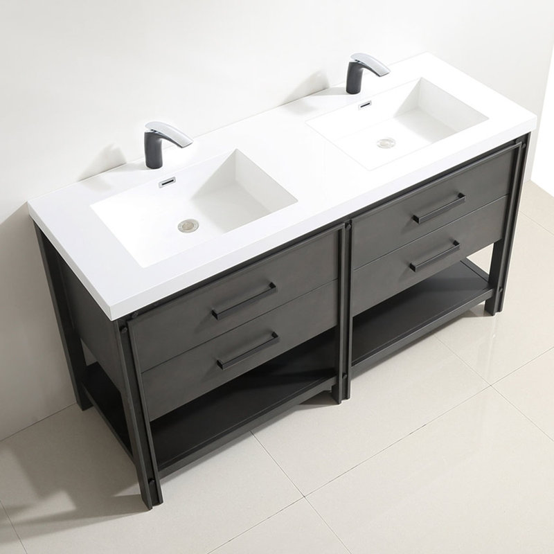 Base de salle de bain double 60 po uniquement meuble-lavabo, Chêne fumé