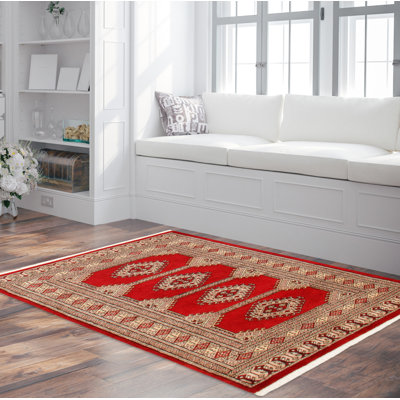 Tapis rouge en laine noué à la main de conception unique 2 pi 7 po x 4 pi 1 po New Age Montarious