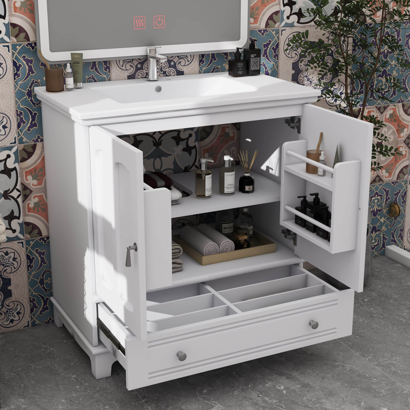 30-Inch Bathroom Vanity With Sink, Bathroom Sink Unit With Integrated Countertop & Silver Details, Adjustable Shelf, Divided Drawer