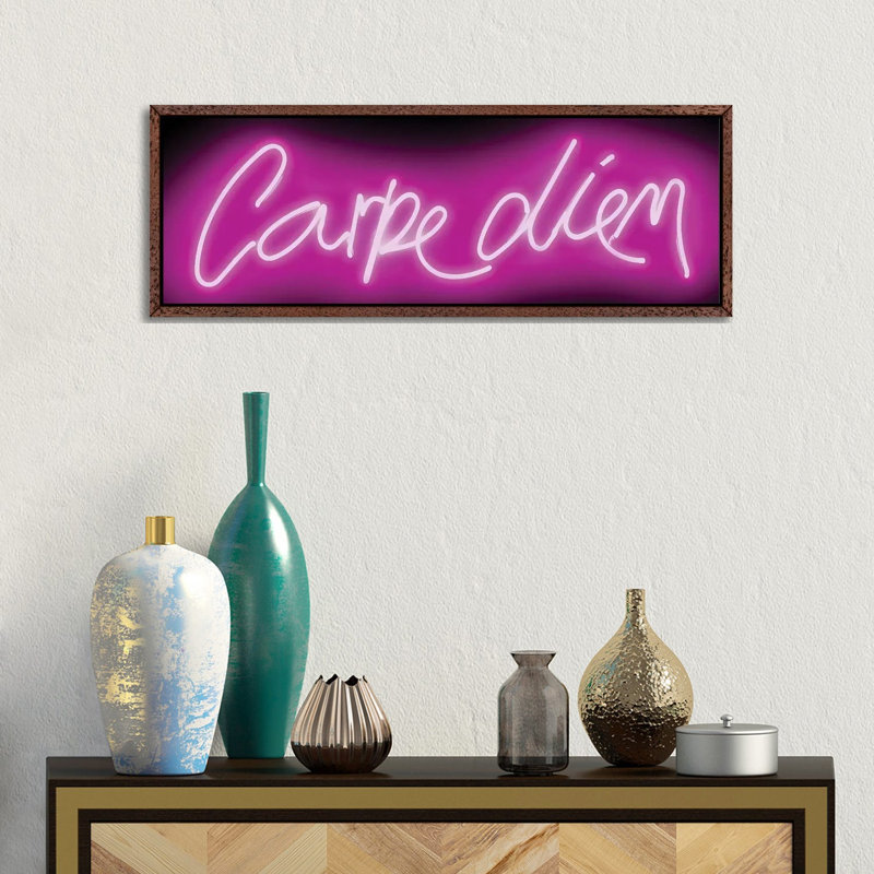 Neon Carpe Diem Pink On Black by Hailey Carr - Panoramic Print on Canvas, 30.48 cm H x 91.44 cm W, Classic Brown Wood Framed