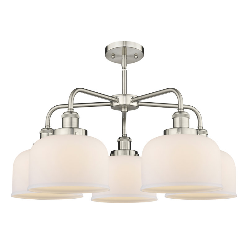 Lustre en verre à 5 lumières Bell, Blanc mat, Nickel satiné