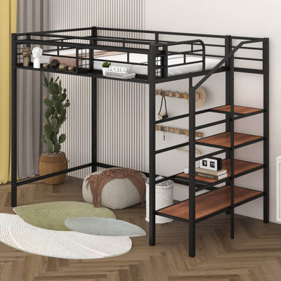 Lit mezzanine simple avec escalier et rangement, structure de lit mezzanine en métal avec tablette de rangement supérieure et escalier de rangement latéral