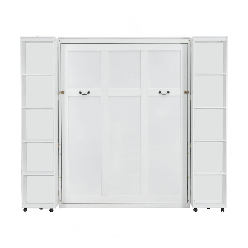Grand lit escamotable mural avec portes de rangement, blanc, Blanc