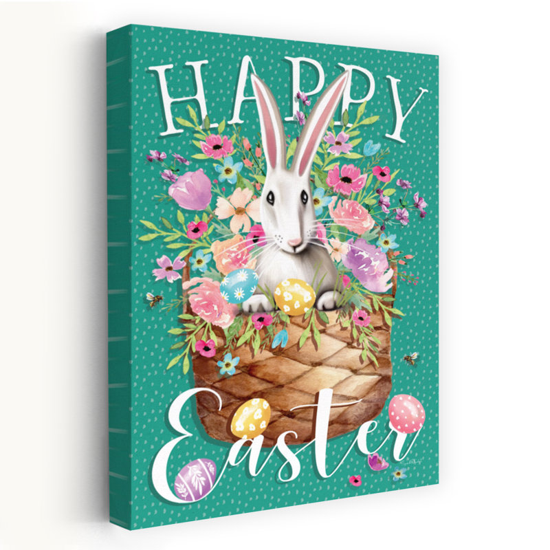 Joyeuses Pâques et panier - Art contemporain de lapin de Pâques blanc, H 32 po x l 48 po