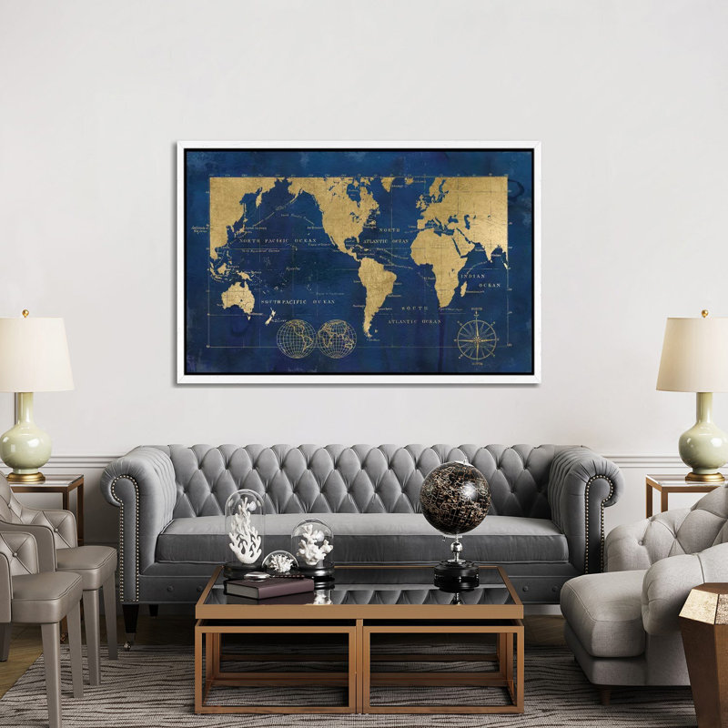 Indigo World Map by Carol Robinson - Print on Canvas, White Framed, 152.5 cm H x 101.5 cm W