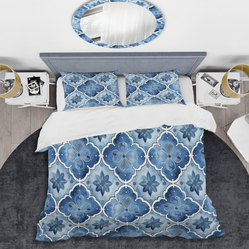 Ensemble de housse de couette moderne bleu et blanc à motif quadrilobe III, Housse de couette très grand et 2 très grandes t