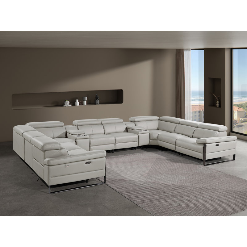 Top Grain Italian Leather 10-Piece U-Shaped Modular Power Reclining Sectional With 4 Power Recliners & Power Headrests