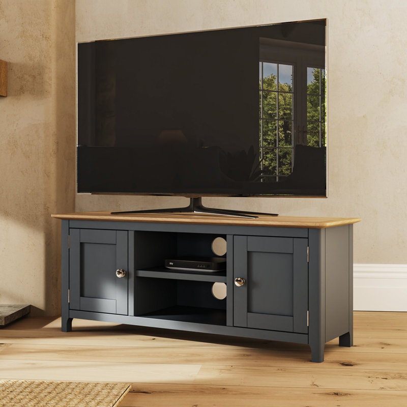 Daris 2 Door TV Cabinet Unit. 110cm Wide. For Screens Up To 50". Solid Oak Top. Fully Assembled., Blue
