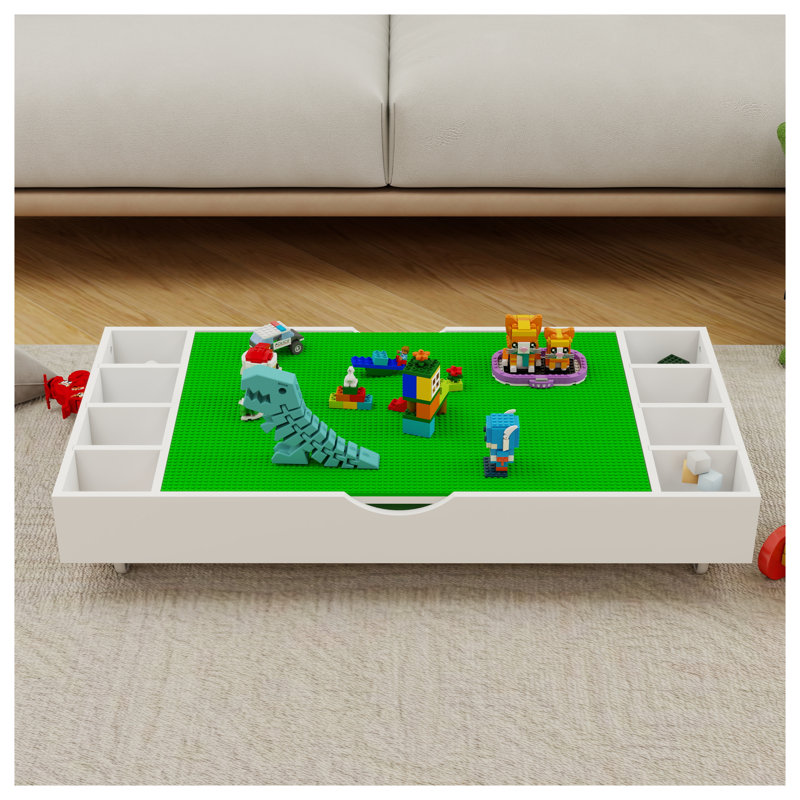 Table de jeu pliable 2-en-1 compatible avec rangement pour jouets Lego - Centre d'activités pour enfants blanc et vert avec cloisons amovibles et roulettes