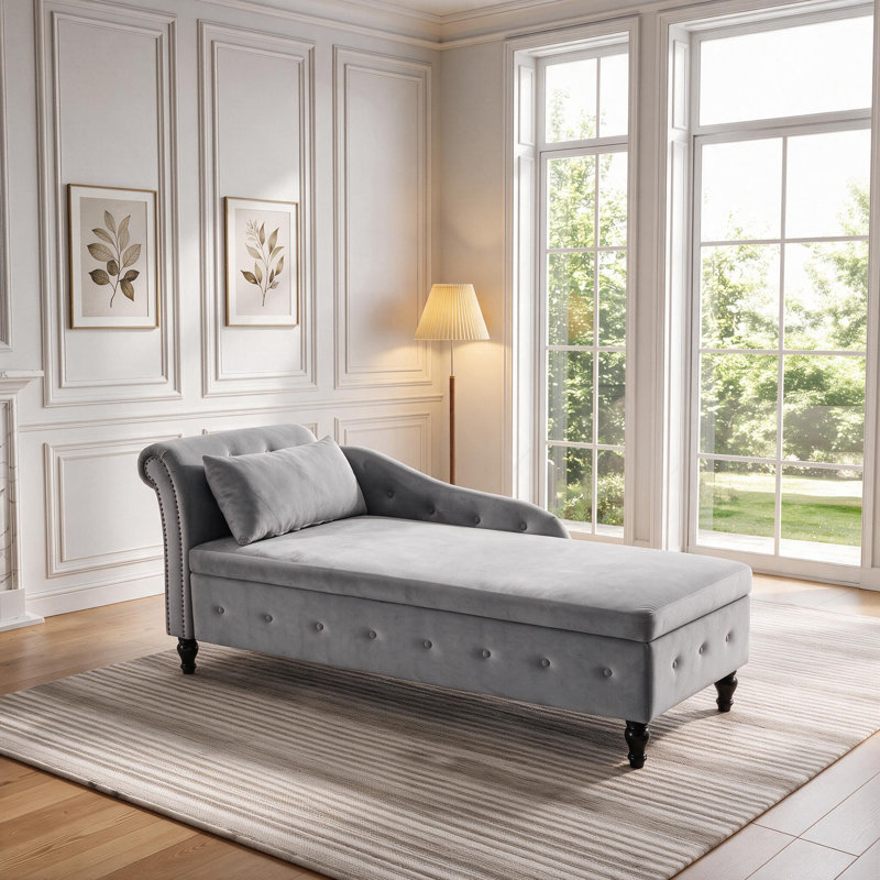 Méridienne surdimensionnée rembourrée en velours avec rangement caché L 74 po Maci, Orienté à droite, Gris foncé
