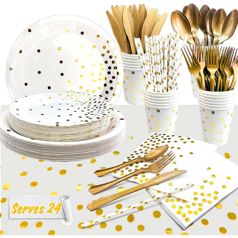 Ensemble de vaisselle jetable blanc / doré pour articles de fête / 24 pièces, 24 pièces