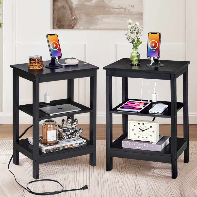 End Table Set With Charging Station 2 Pack End Table Built-In Outlets For Home Living Room Bedroom Entryway, Black