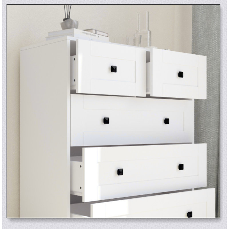Commode à 5 tiroirs avec porte coulissante de style campagnard, rangement spacieux et finition blanche moderne pour une utilisation polyvalente