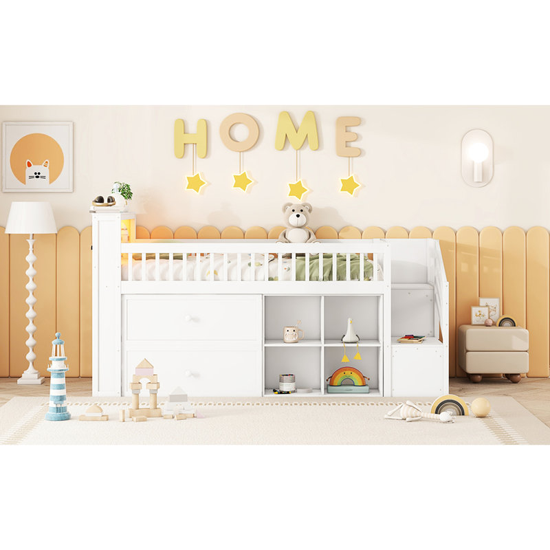 Twin Size Loft Bed With Led, Shelves, Drawers, Staircase - Pure White Safe Stairs, White