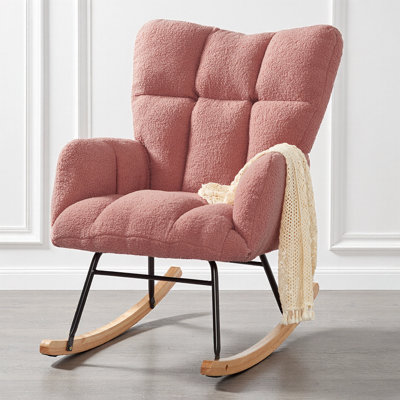35" Tufted Teddy Fabric Glider Rocking Chair – Upholstered Accent Rocker with Metal Frame & Rubberwood Legs, High Backrest – Comfy Lounge Armchair for Living Room, Bedroom, Nursery – 300 lb Capacity