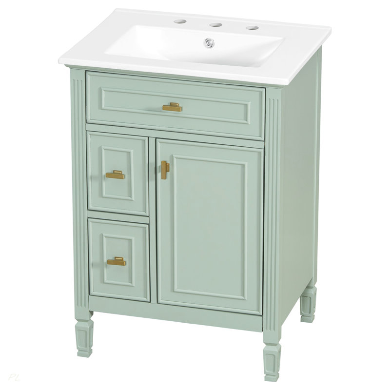 Meuble-lavabo de 24 pouces avec lavabo, armoire en bois massif et panneau de fibres à densité moyenne avec un tiroir rabattable, deux tiroirs standard et une tablette réglable, meuble-lavabo vert autoportant pour le rangement de la salle de bain