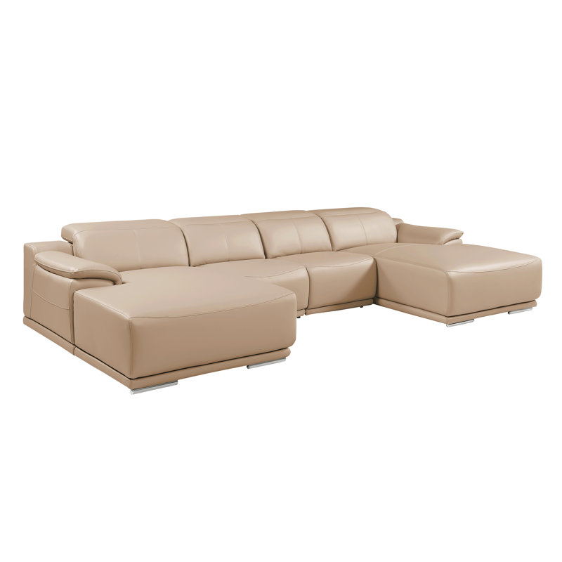 Canapé modulaire en U en cuir véritable 4 pièces beige avec appuis-tête réglables - disposition ouverte