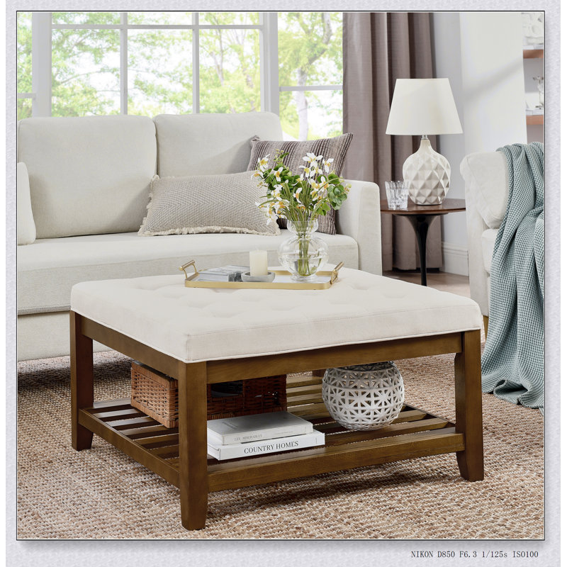 Upholstered Coffee Table Tufted Linen Large Square Ottoman with Beech Wood Shelf