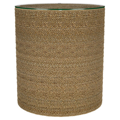Halden Round Woven Seagrass Side Table with Tempered Glass Top, Light Brown