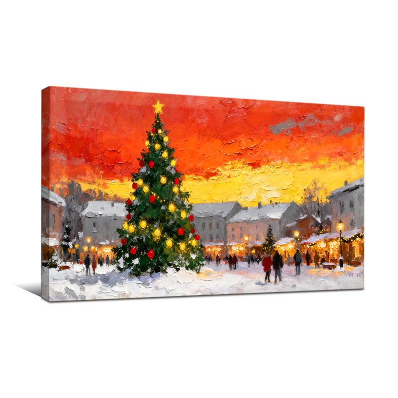 Arbre de Noël, ville enneigée, coucher de soleil, lumières, marché de personnes, H 16 po x l 32 po