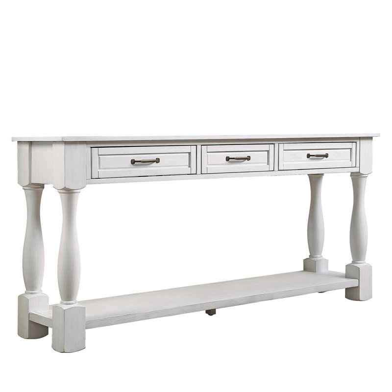 Wood Console Table With 3 Drawers And 5 Bottom Shelf For Entryway Hallway Extra-Thick Sofa Table, Antique White