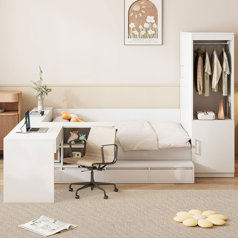 Lit plateforme double en bois avec tiroirs, tablettes, bureau et garde-robe, Blanc