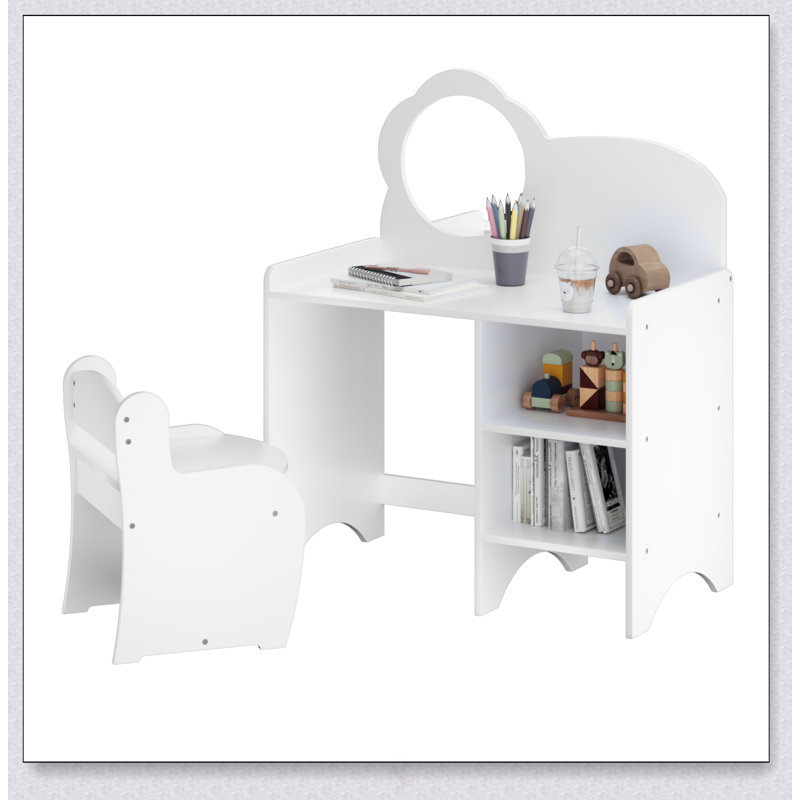 Kids Vanity Table With Mirror And Chair, Wooden Children's Dressing Makeup Desk With Storage Shelves For Study And Play