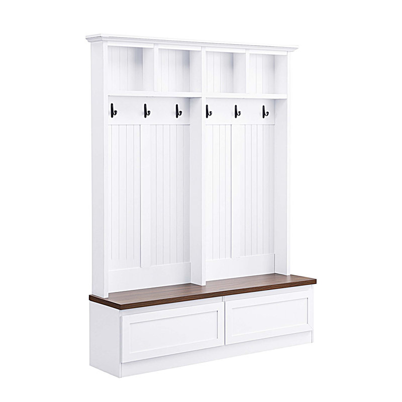 Hall Tree Wide With Bench And Storage, White/Brown