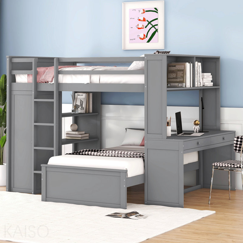 Lit mezzanine double avec lit simple autoportant, tablettes, bureau et garde-robe gris, Full, Grey