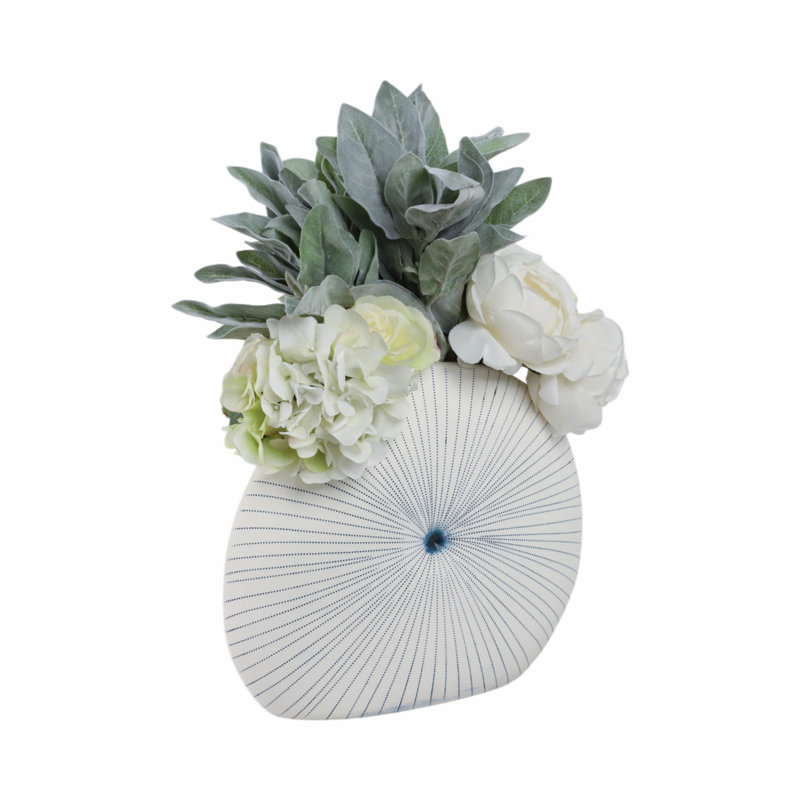 Round Dotted Shell Vase, White/Blue, 12" H x 14" W x 5" D