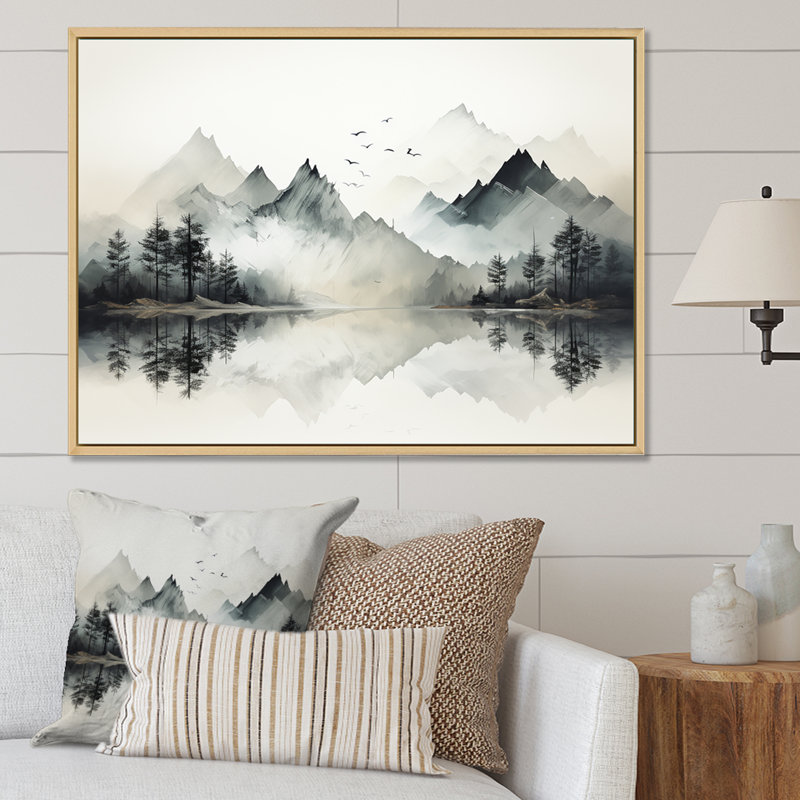 Aquarelle, rêve de lac et de forêt I, H 34 po x l 44 po x P 1,5 po, Cadre flottant blanc