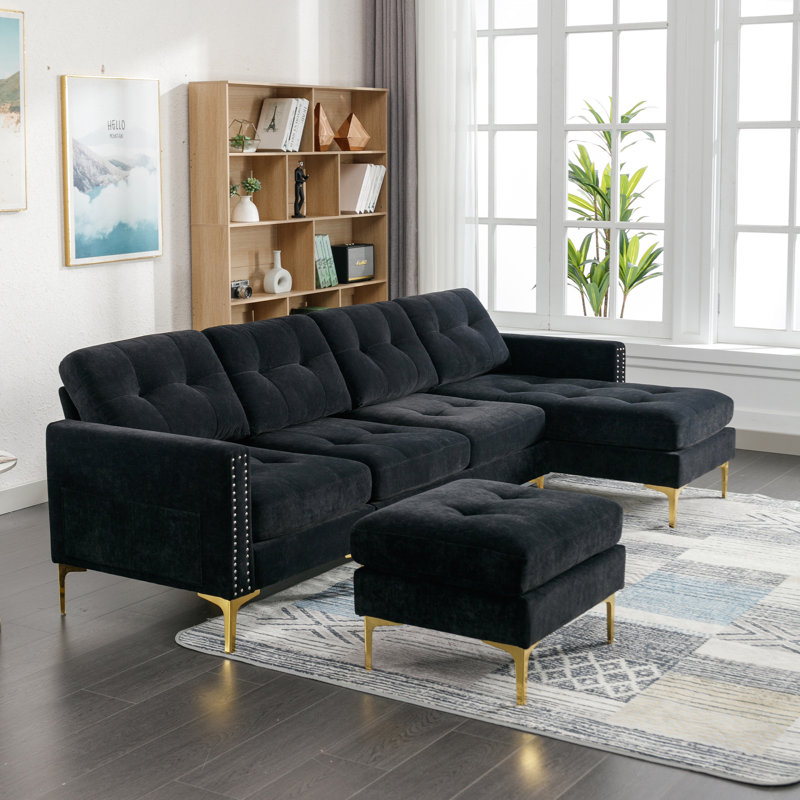 Canapé modulaire convertible en L 110,6 po avec repose-pieds mobile pour salon, appartement, bureau, Black Velvet