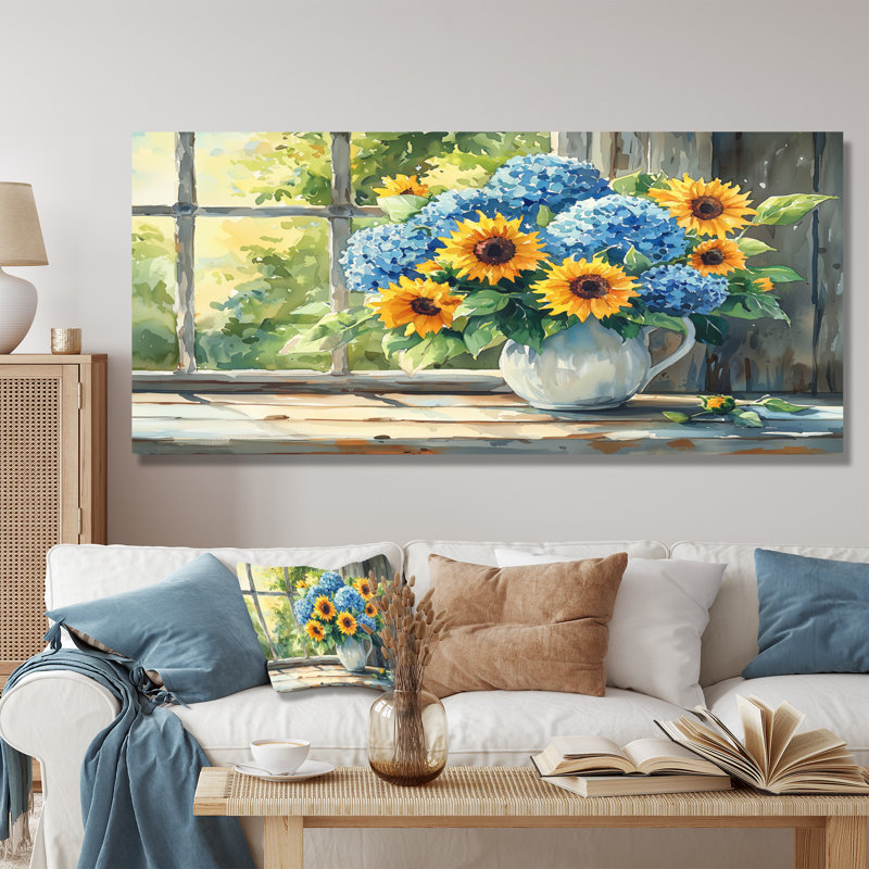 Hortensias et tournesols ferme II - reproduction d'art traditionnelle en métal, hydrangées en métal, H 28 po x l 60 po