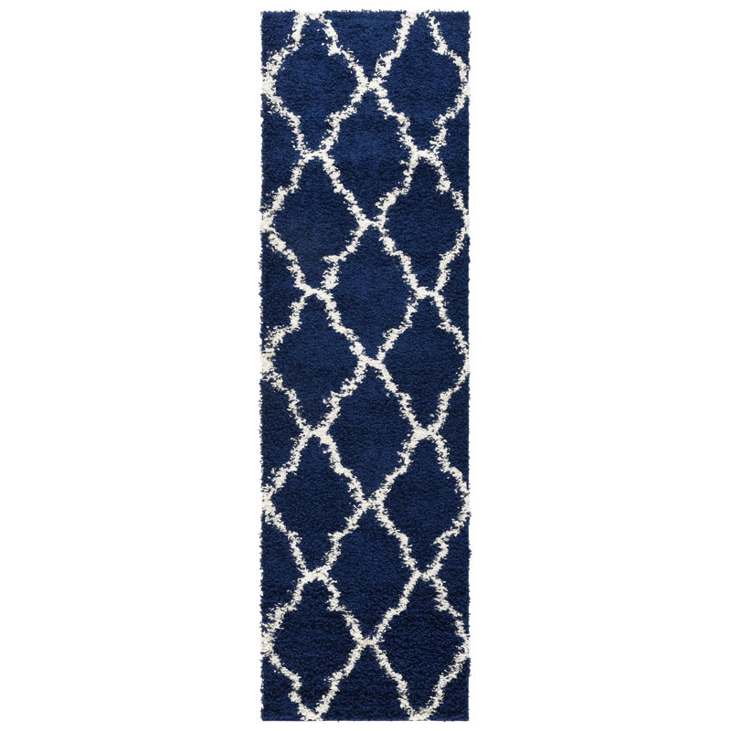 Tapis en polypropylène bleu marine / ivoire, Tapis de couloir 2 pi 3 po x 8 pi