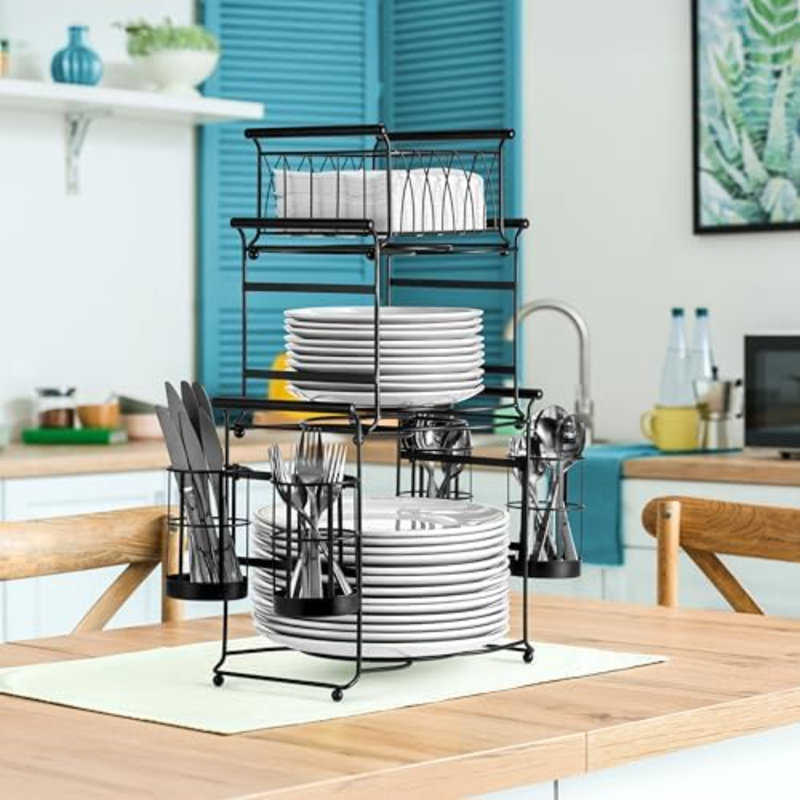 L'ensemble empilable 7 pièces Buffet Caddy comprend une assiette, une serviette et un porte-couverts, un organisateur de table amovible à 3 niveaux - idéal pour la cuisine, les repas, les réceptions, les fêtes, l'Action de grâce (noir)