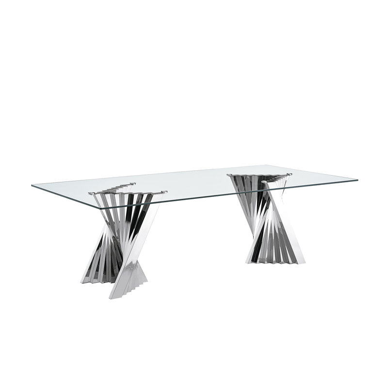 Modern Dining Room Sets,  94.49" Rectangular Tempered Glass Dining Table With Stainless Steel Dining Chairs, Silver