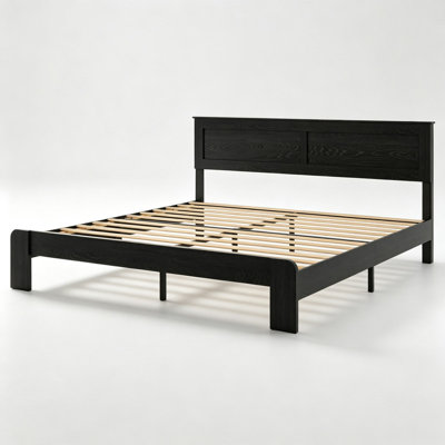 Lit plateforme en bois noir foncé, format King Size – Doté d'une structure intégrée silencieuse, compatible avec une utilisation sans sommier, livré avec tous les outils de montage et offrant un grand espace de rangement sous le lit.