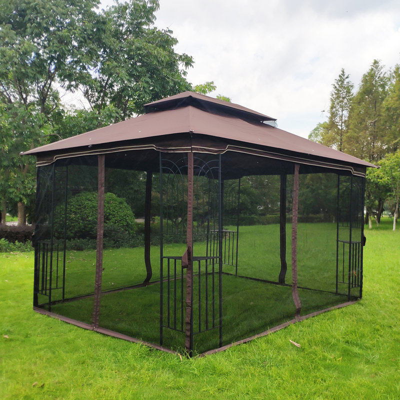 13X10 Outdoor Patio Gazebo Canopy Tent With Ventilated Double Roof And Mosquito Net, 108.66" H x 157.48" W x 118" D, Brown