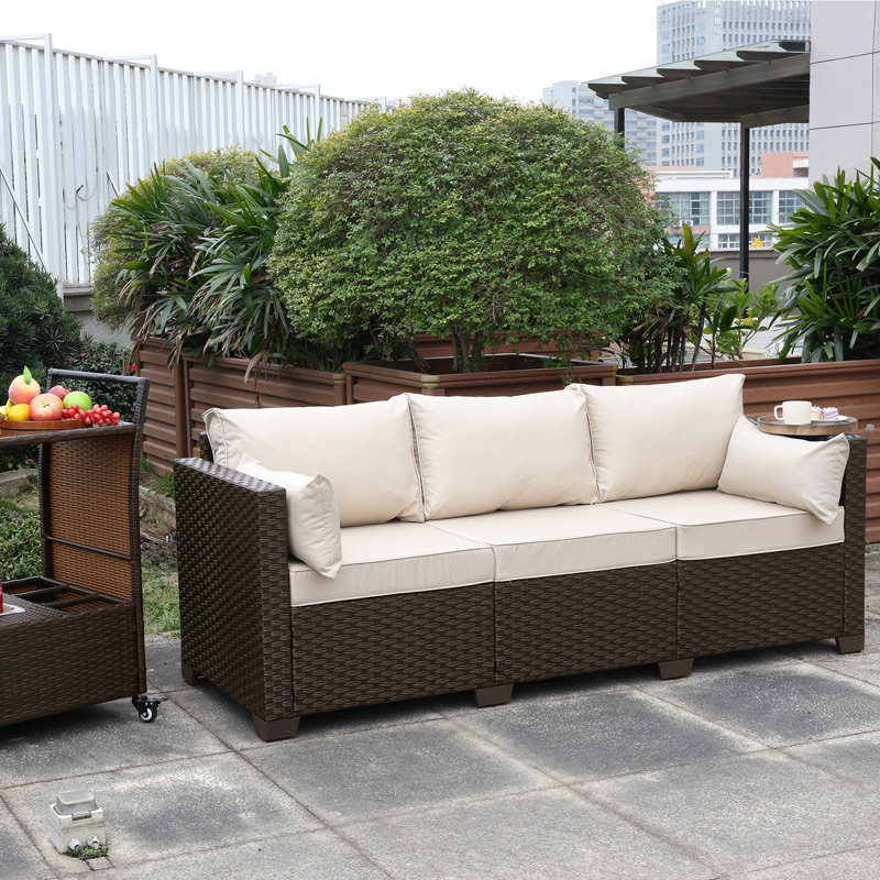Ailina 79'' Wide Outdoor Wicker Patio Sofa with Anti-slip Cushions and Waterproof Cover, Brown, Khaki