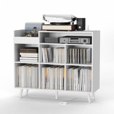 Meher 45'' W Record Player Stand with Charging Station and Media Shelves