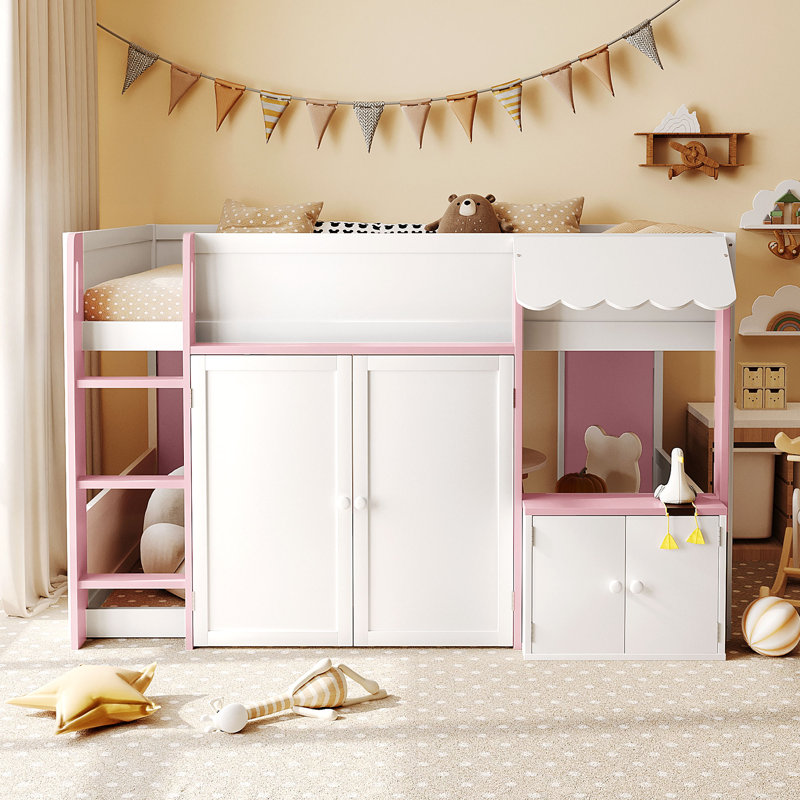 Wooden House Loft Bed with Playhouse Design, Built-In Storage and Modern Cabin Style, White/Pink