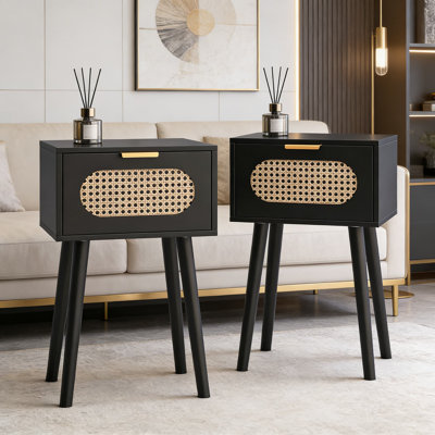 Nightstand Set Of 2 With Rattan Door And Solid Wood Legs, Boho Bedside Table With Drawer And Open Shelf For Bedroom Or Living Room