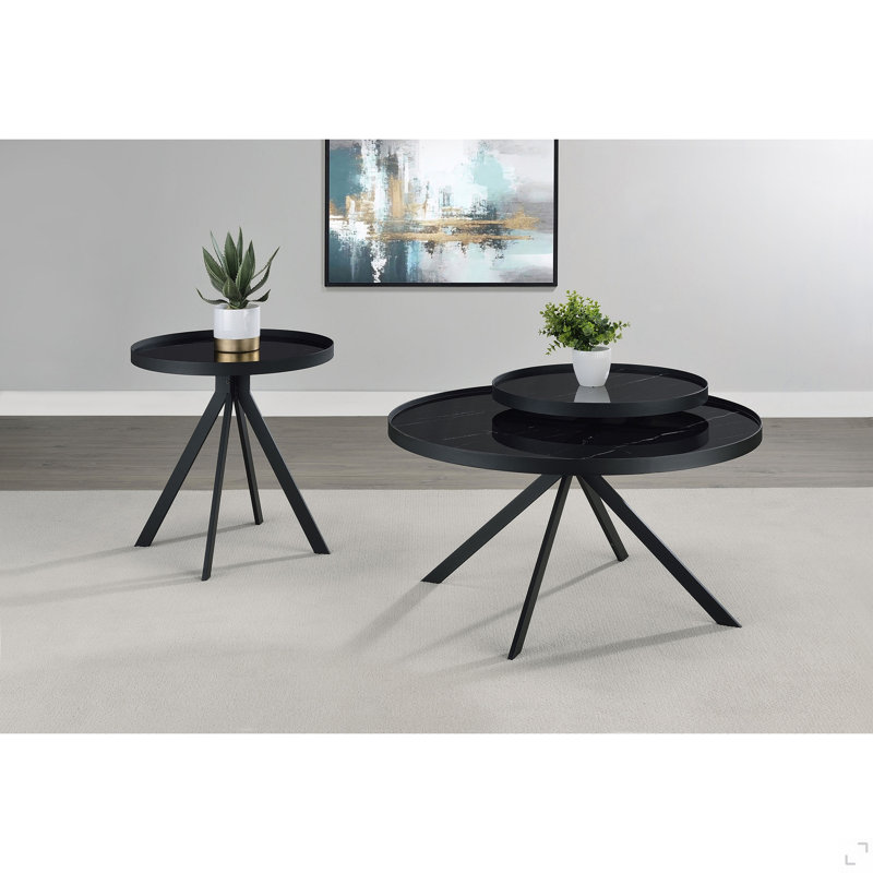 Table de bout ronde avec plateau en verre et marbre, Black, Black, Black