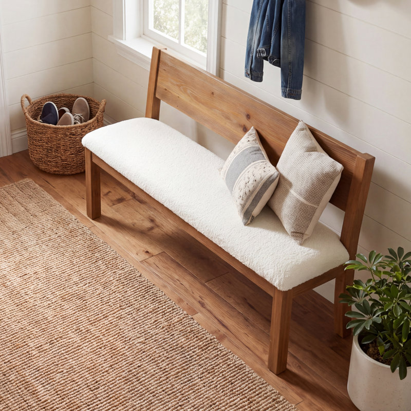 Banc de hall d'entrée rembourré 55,12 po avec dossier et structure en bois massif, banc de salle à manger pour couloirs, salles à manger et chambres à coucher