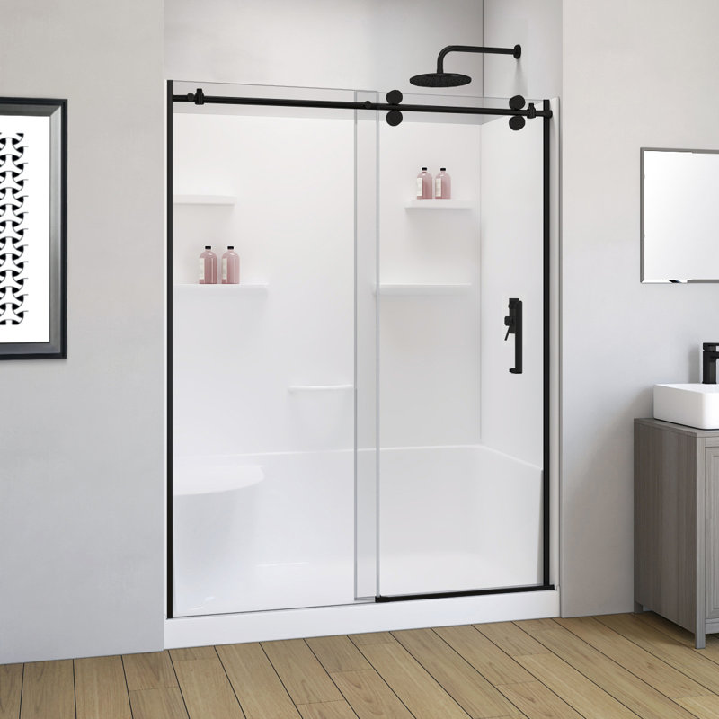Carlyn 76" L X 60" W X 32" H Rectangle Shower Kit With Integrated Seat And Shelves, Right, Black