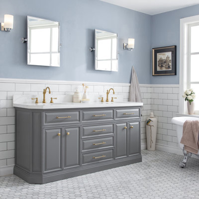 72" Palace Collection Quartz Carrara Cashmere Grey Bathroom Vanity Set With Hardware in Satin Brass Finish And Only Mirrors in Chrome Finish