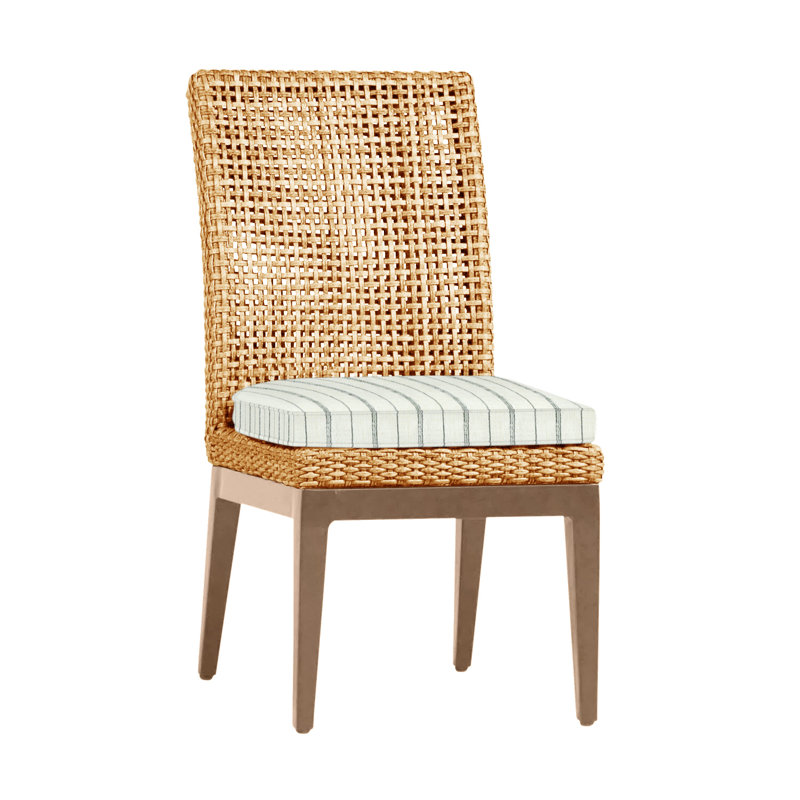 Peninsula Patio Dining Side Chair with Cushions, Rollo Lace InsideOut® Linen, Welt, Raffia/Sandalwood